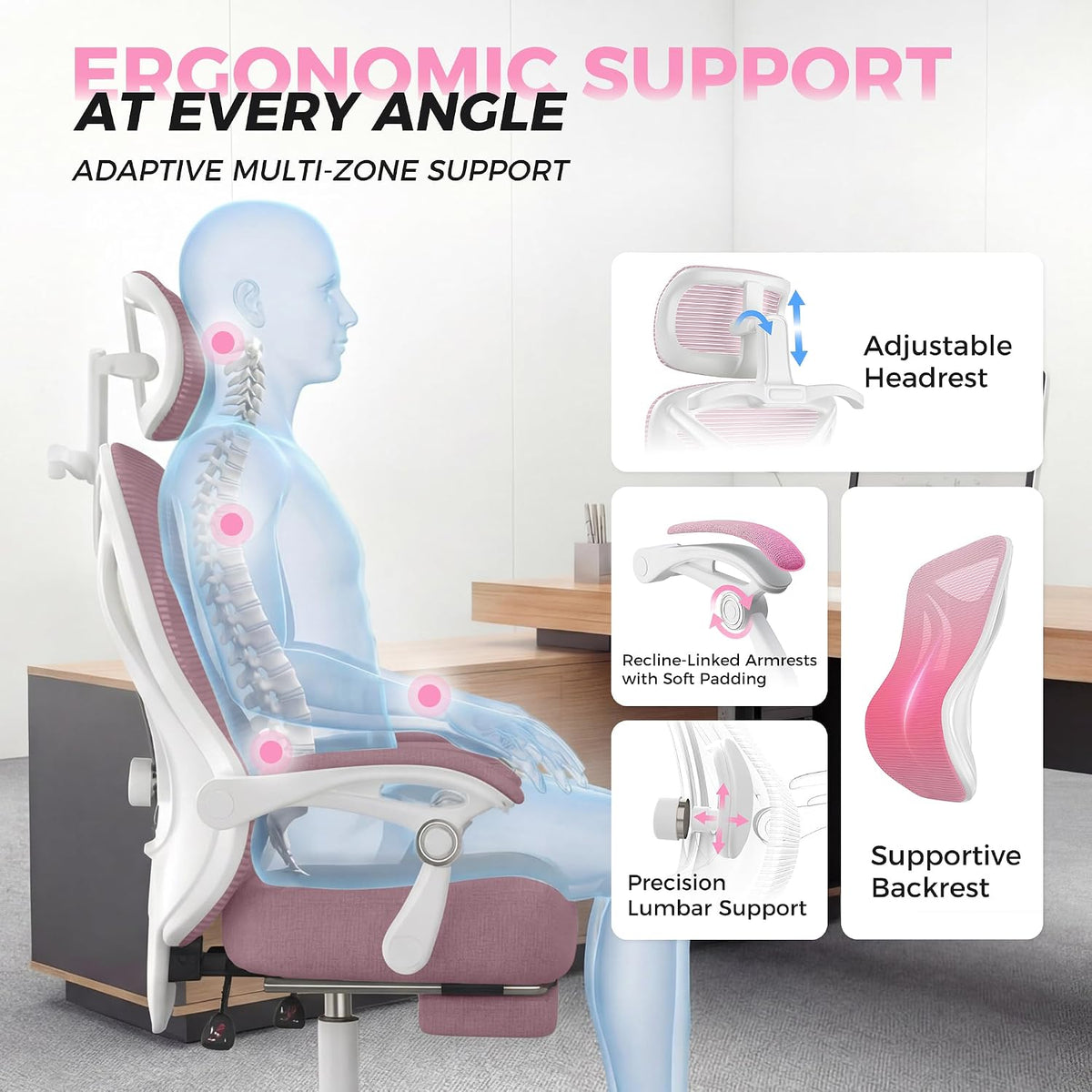 CYKOV Ergonomic Office Chair with Footrest, Reclining Mesh Back, 350 Lbs