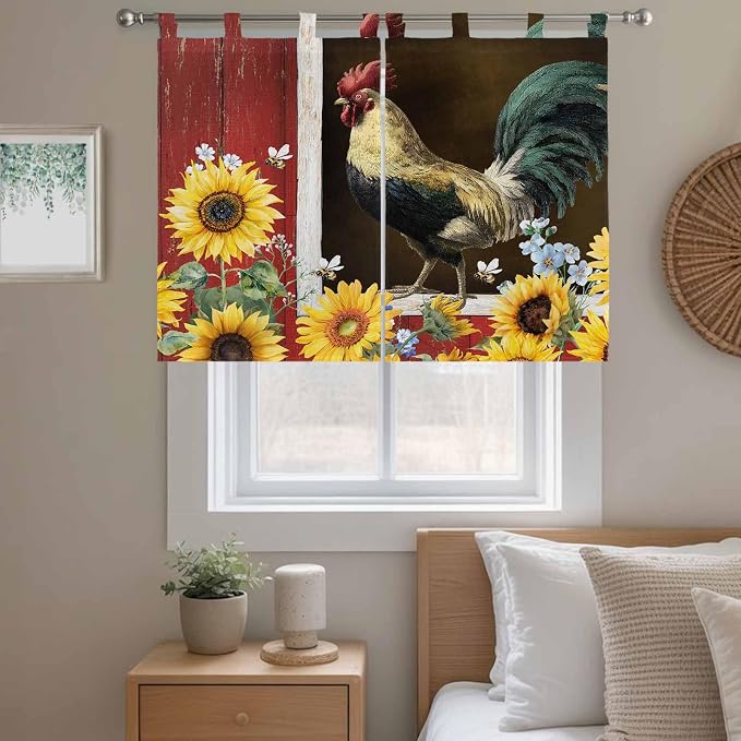 Chicken Sunflowers Bedroom Curtains 63 Inch Length, Window Curtains Tab Top