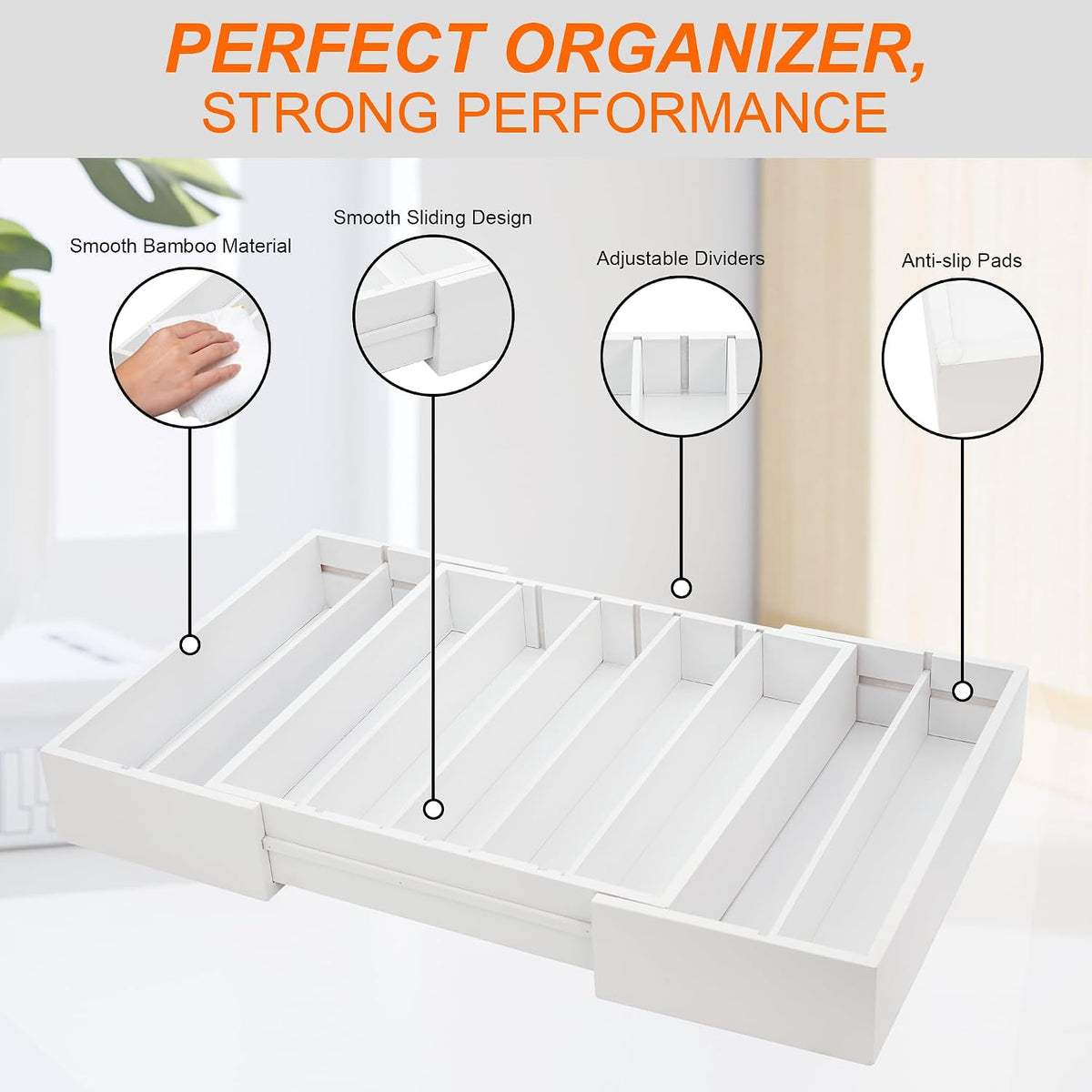 MinBoo Bamboo Drawer Organizer - Expandable K Cup & Pods Holder, Coffee Pod Storage, Tea Organizer, Versatile Kitchen Accessory Organization and Storage,White