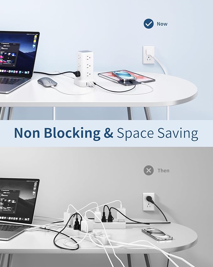 Power Strip Tower, 6.5 Ft Flat Plug Extension Cord, 16 IN 1 Power Bars with Surge Protector, Power Tower Bar with 12 AC Multiple Outlets 4 USB (1 USB C),for Home Office Desk