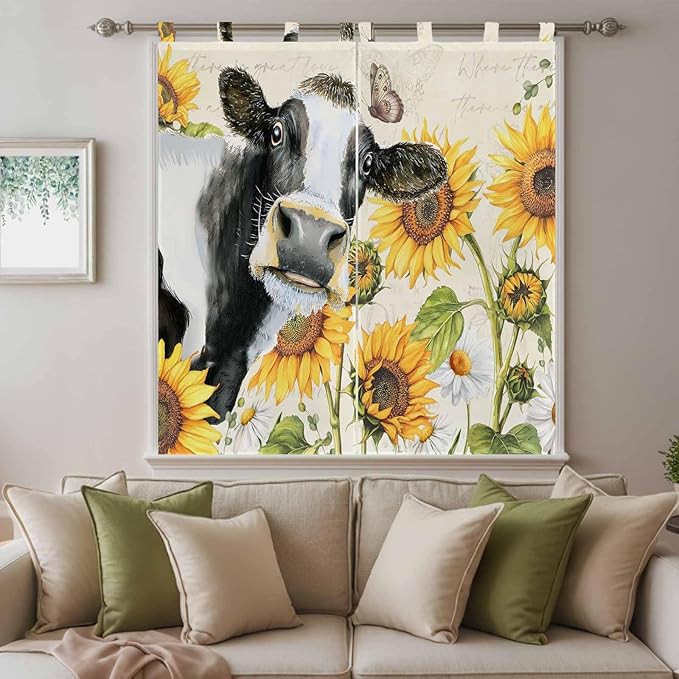 Yellow Sunflowers Bathroom Curtains 63 Inch Length, Window Curtains Tab Top