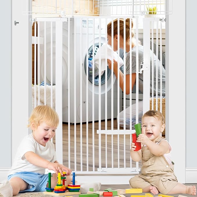 71 Inch Extra Tall Pet Gate with Small Cat Door, 29.55"-40.55" Adjustable Wide Dog Gate, Tall Cats Gates for Doorway, Stairs, House(White)