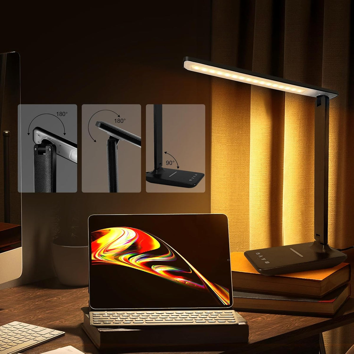 White crown LED Desk Lamp with 15W Wireless Charger & USB Port, Dimmable Table Lamp with 5 Lighting Modes, Sensitive Touch Control, Foldable & Portable Desk Light for Home, Office, Bedroom, Reading