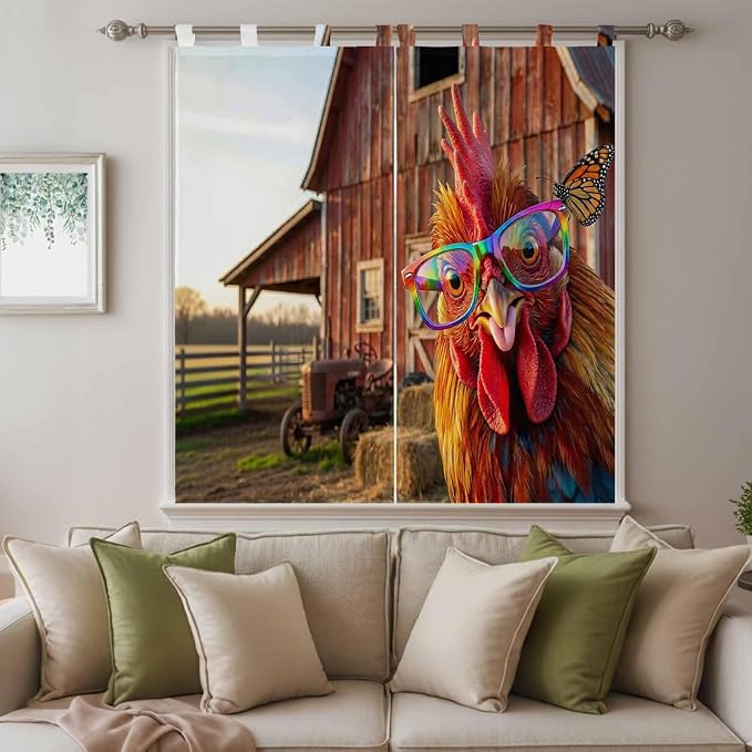 Farm Rooster Bedroom Curtains 72 Inch Length, Window Curtains Tab Top,