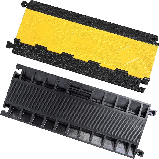 Rubber Cable Protector Ramp, Heavy Floor Cable Wire Cord Cover Speed Bumps 22000Lbs Load Capacity, Driveway Hose Cable Ramp Protective Cover for Indoor and Outdoor (3-Channel x 2Pcs)