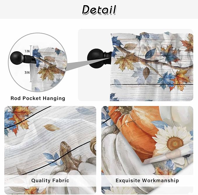 Thanksgiving Pumpkin Kitchen Tier Curtains 24 Inch Long 2 Panel Set, Rod Pocket