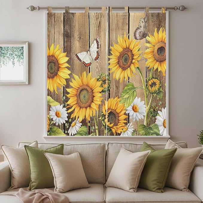Farmhouse Sunflowers Bedroom Curtains 72 Inch Length, Window Curtains Tab Top