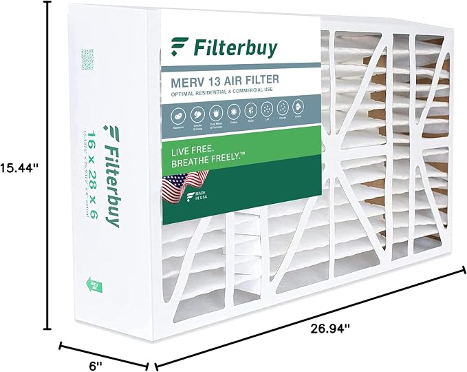Filterbuy 16x28x6 Air Filter MERV 13 Optimal Smoke & Allergy Defense, Pleated