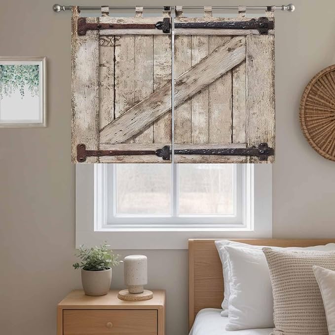 Farmhouse Wood Grain Bedroom Curtains 63 Inch Length, Window Curtains Tab Top