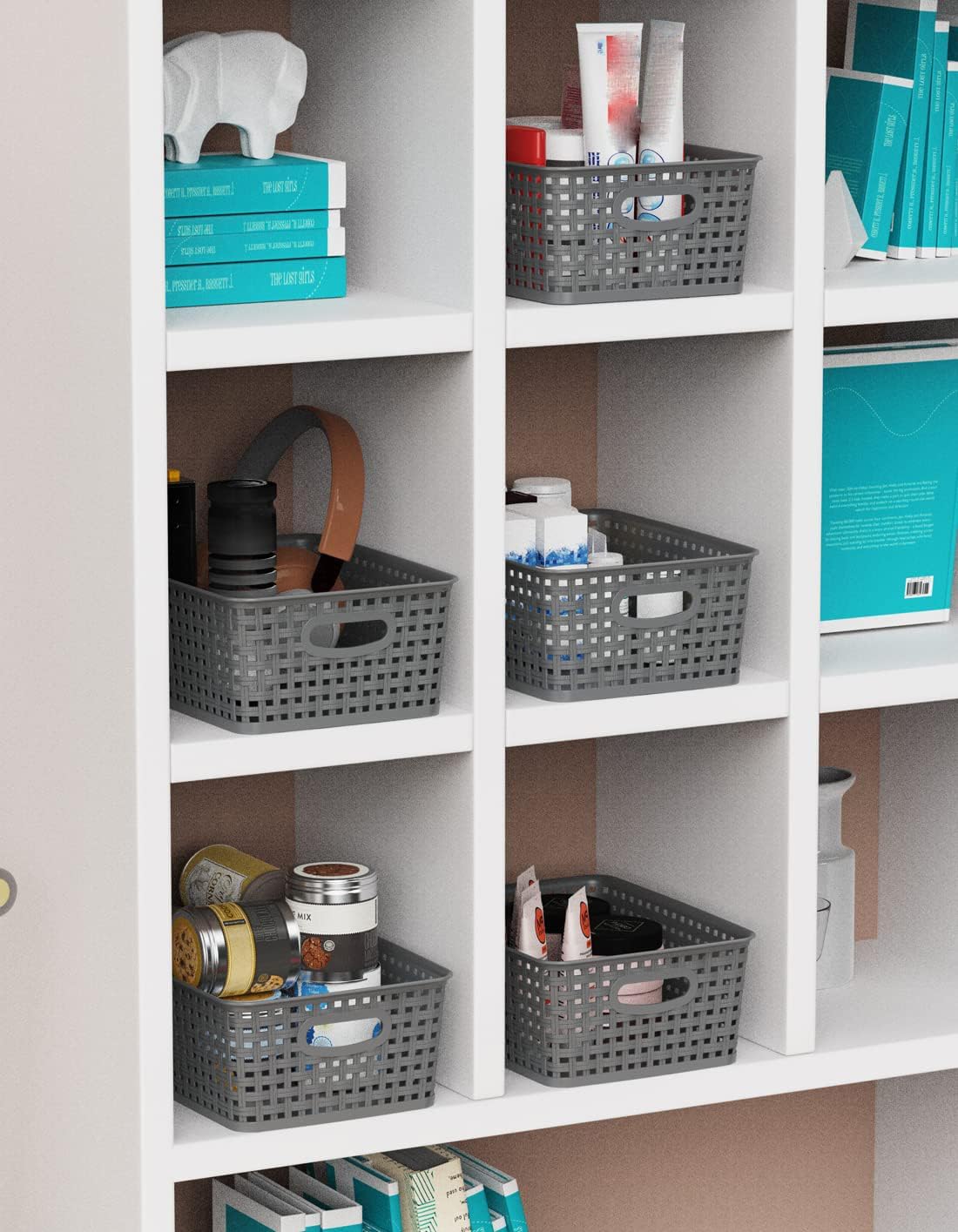 WYT 12-Pack Plastic Small Shelf Storage Weave Baskets for Organizing, Grey