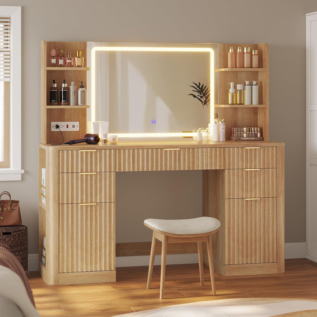 HAUOMS 51.2" Fluted Makeup Vanity Desk with Large Mirror and Lights, Oak
