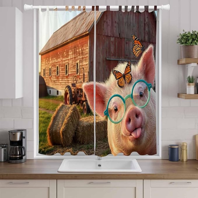 Farm Pig Living Room Curtains 96 Inch Length, Window Curtains Tab Top,