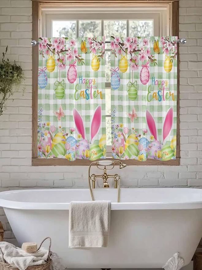Happy Easter Kitchen Curtains 45 Inches length, Spring Bunny Eggs Flower Sage