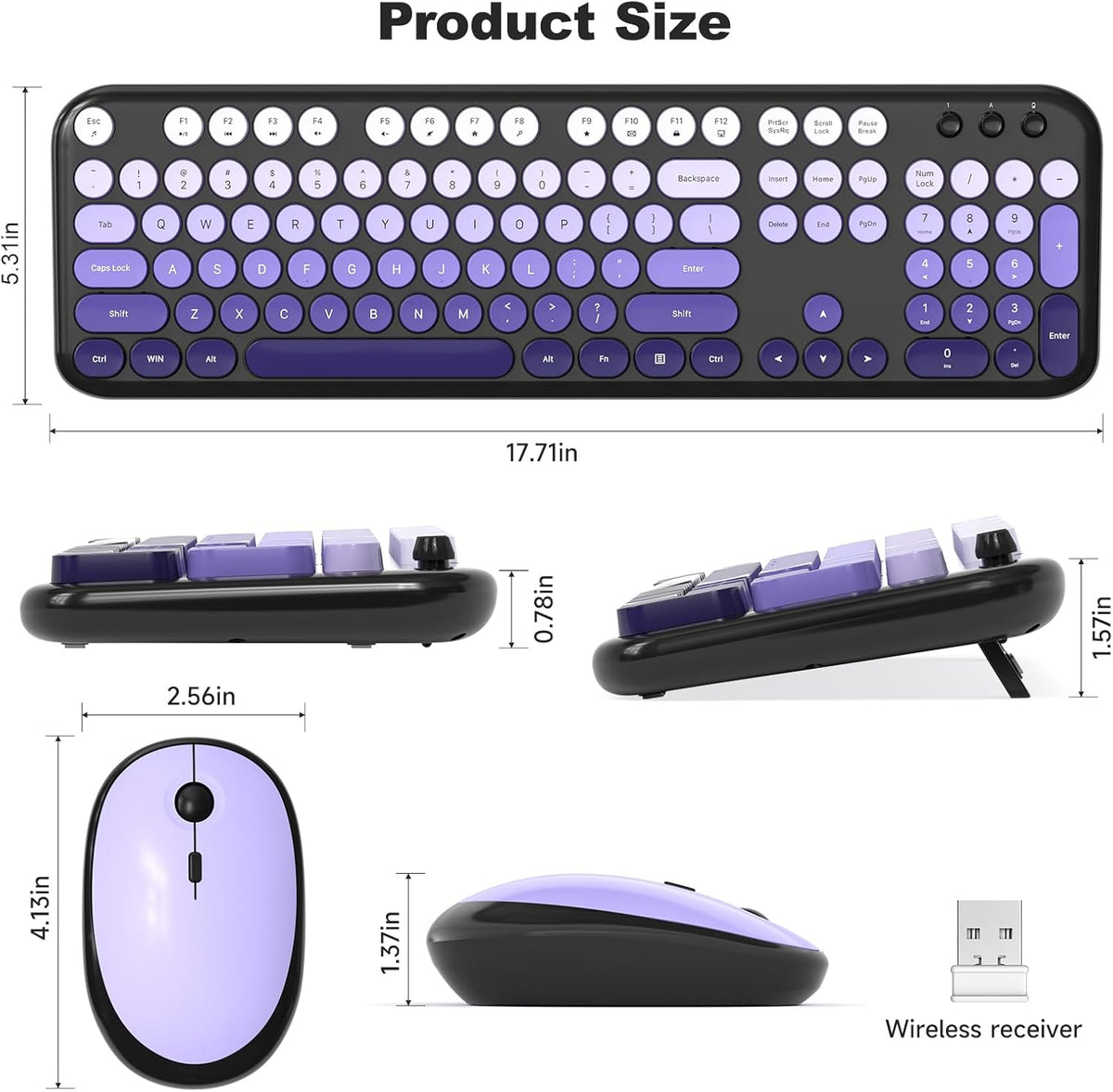 Wireless Keyboard Mouse Combo - Lovely Blackpurple-Gradient Rainbow Full-Sized Typewriter Colorful Keyboards, Round Keycap Plug Play Retro Cute Keyboards for Windows, Laptop, PC, Desktop, Computer