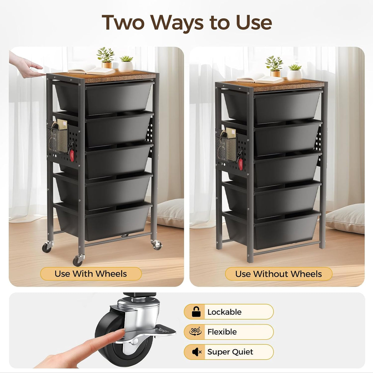 Rolling Cart with 5 Drawers, Plastic Drawer Storage Carts with Wheels & Wooden Tabletop, Metal Utility Cart with Pegboards, Office Living Room Classroom Craft Organization and Storage, Dark Black