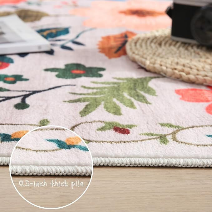Rugcomf Living Room Rug 5x7 Rug Machine Washable Boho Area Rug Non Slip Floral