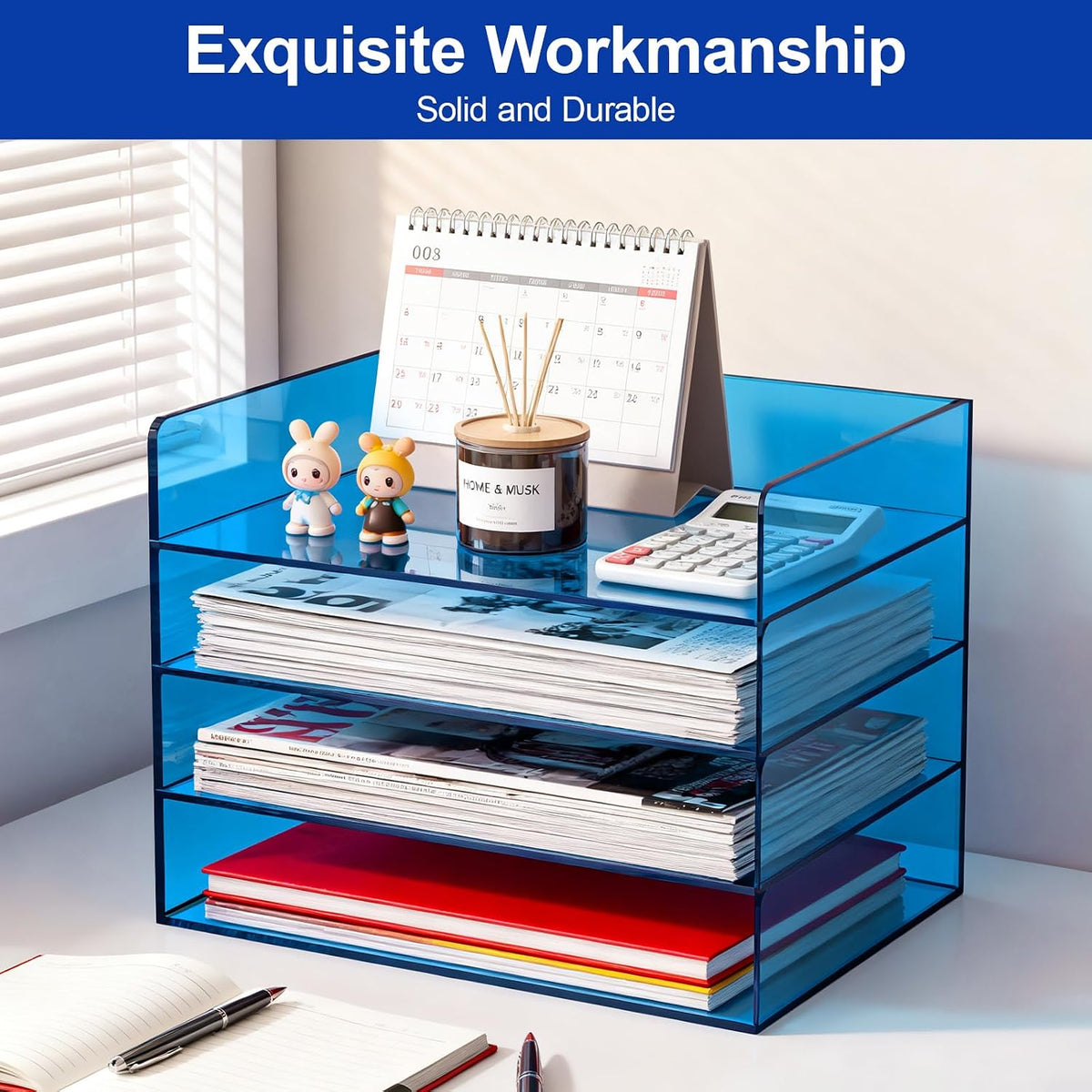Gelite Acrylic File Organizer for Desk 4 Tiered Stackable Letter Tray Office Paper Storage Desktop Document Sorter, Blue