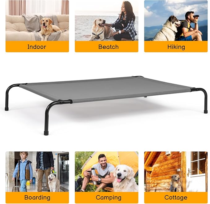 Cooling Elevated Dog Bed Raised Outdoor Dog Cot for Large Dogs,Cooling Pet Cots Bed, Frame with Washable Cooling Breathable Mesh Anti-Slip Feet, Indoor and Outdoor Pet Bed, 50 Inches Light Gray