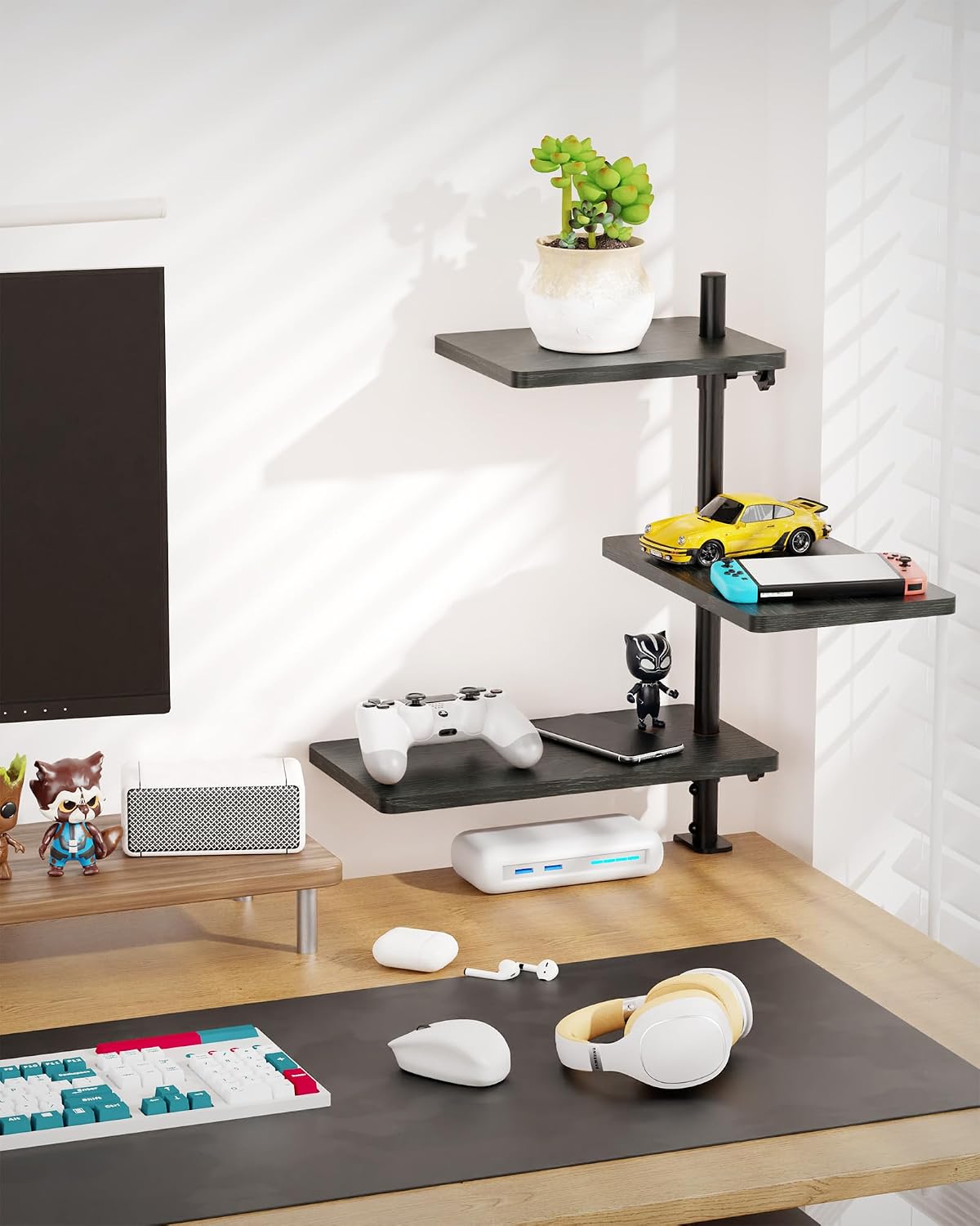 3 Tiers Clamp On Desk Shelf, 360° Angle Adjustable Desktop Shelf Organizer for Home Office Gaming Room, No Drill Desk Extender Adapt to 0.4-2.16 inches Table Thick, Black Brown