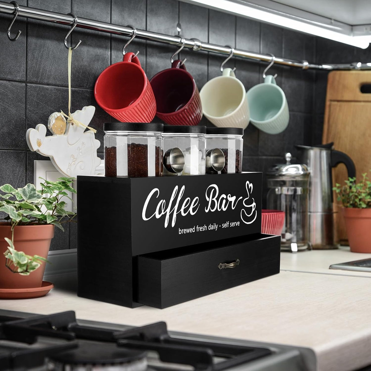 3 Pcs Coffee Bar Decor, Coffee Container Set with Scoop, Shelf