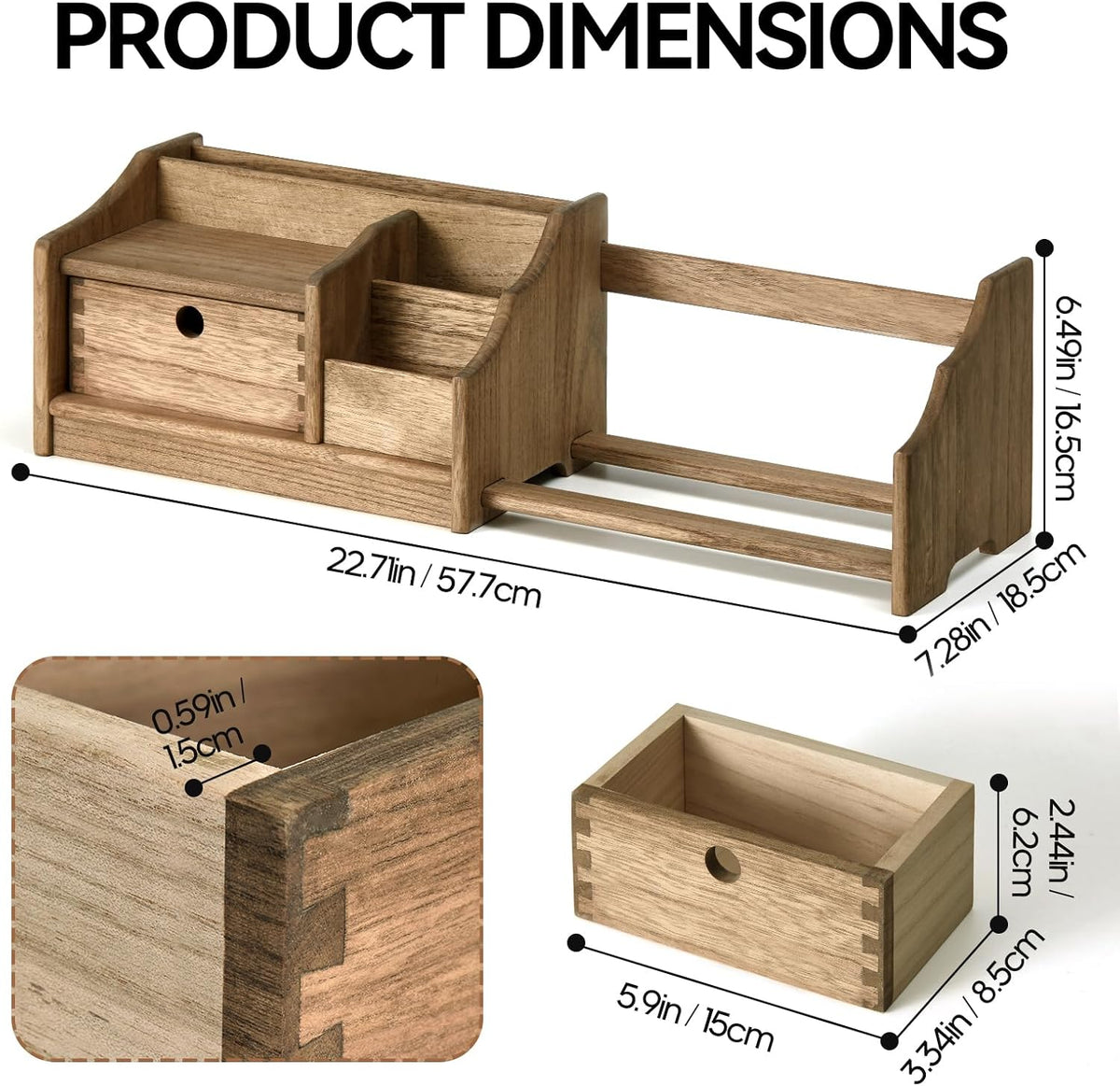 KIRIGEN Wood Desktop Bookshelf with Drawer, Expandable Desk Shelf, Brown