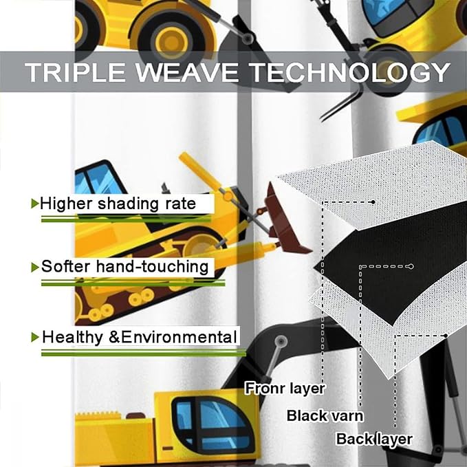 Kids Construction Equipment Window Curtains, Excavator Tractor Tow Truck Rod