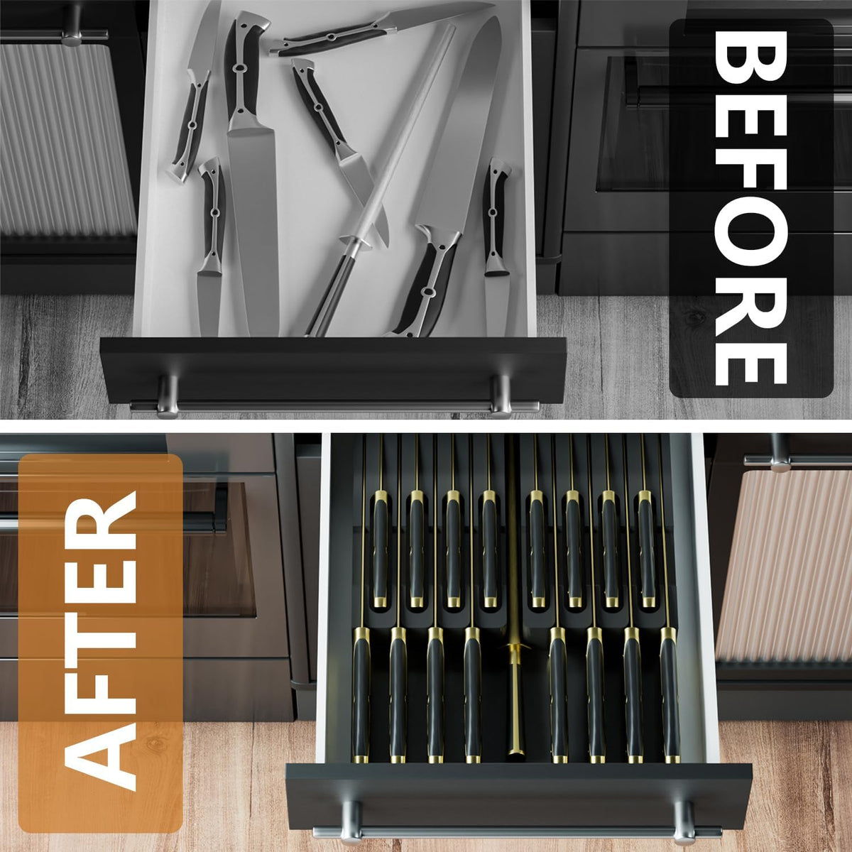 Domax Bamboo In-drawer Knife Block - Kitchen Knife Drawer Organizer Insert, Knife Holder without Knives Large, Drawer Knife Organizer Fits for 16 knives and 1 Sharpening Steel (Not Included), Black