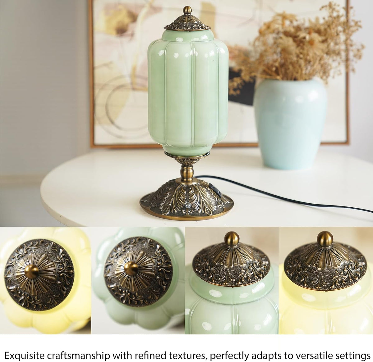 Vintage Milk Glass Table Lamp, Antique Brass Touch Desk Lamp, Green 3-Way