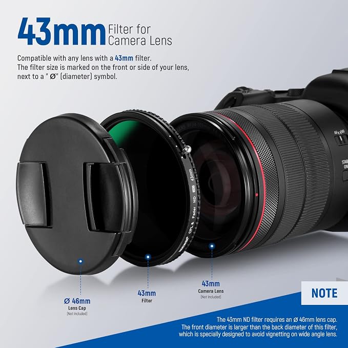 NEEWER 2 in 1 43mm Variable ND Filter ND2–ND32&CPL Filter No X Cross/30 Layer