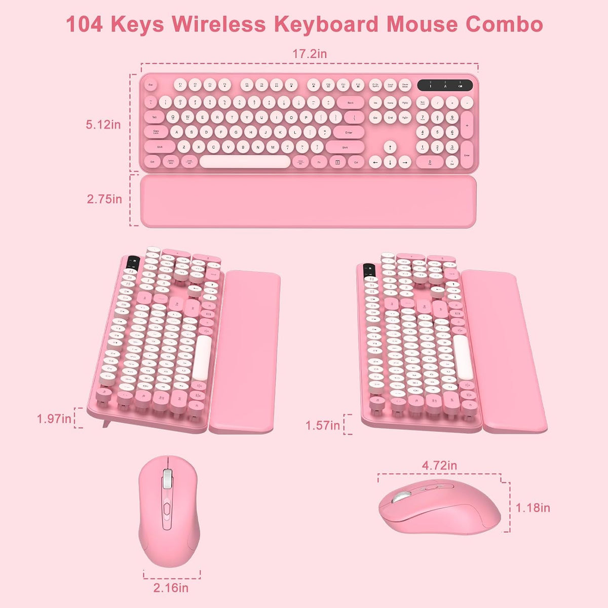 Pink Wireless Keyboard and Mouse Combo, Magnetic Wrist Rest, Round Keycap