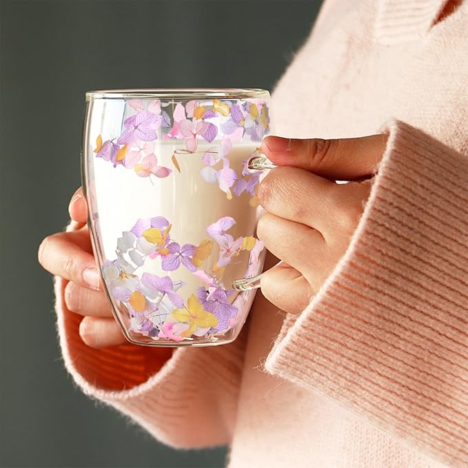 Double Wall Glass Coffee Mugs, Aesthetic Dried Flowers Cups