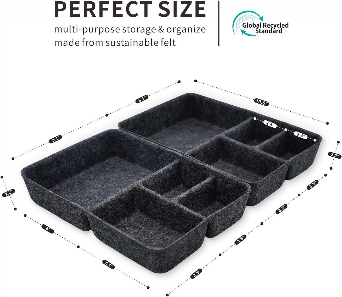 Welaxy 2pc Felt Tray Charcoal Drawer Organizer bin 4 Compartments divider