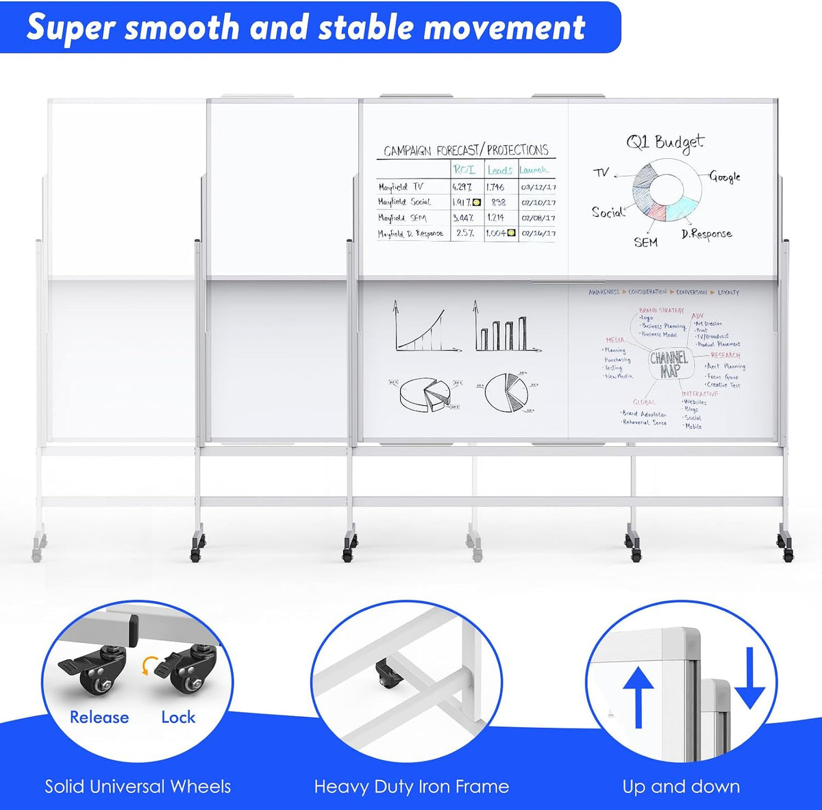 Maxtek Double-Sided Rolling White Board on Wheels 72x60, Height Adjustabled