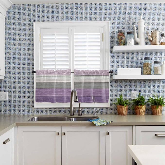 Country Wood Board Gray Purple Window Valance Curtains, Farmhouse Gradient