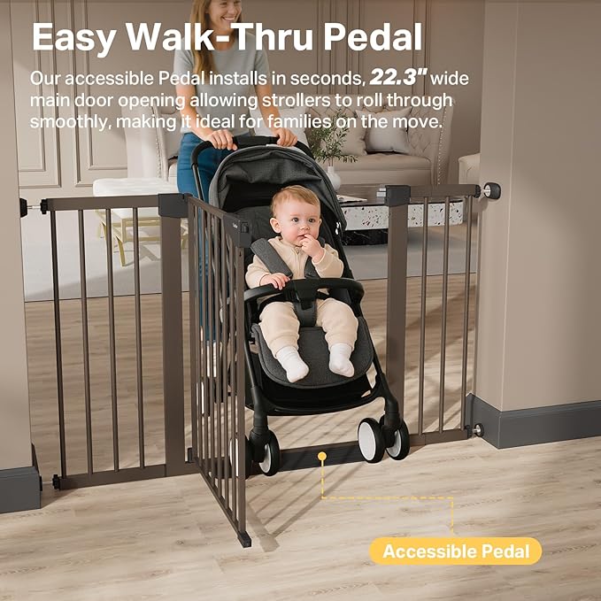 Cumbor 29.7"–51.5" Extra Wide Baby Gate for Stairs, Pressure-Mounted Dog Gates for Doorways & Hallways, Auto-Close Walk-Through, No-Trip Design, Child Proof Safety, Dog/Pet Gate for Indoor Use, Brown