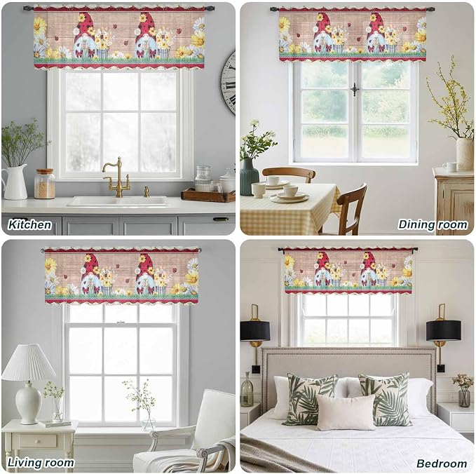 Ladybug Gnome Sheer Valance Curtains, Country Summer Rustic White Yellow Daisy