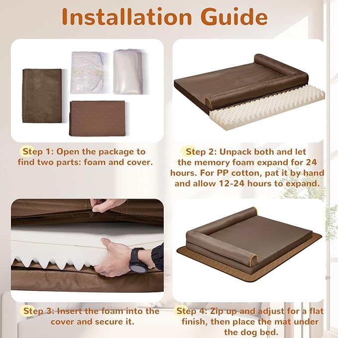 Dog Beds Medium Sized Dog Waterproof Washable Pet Bed Memory Foam Orthopedic Chew Proof Dog Couch with Anti-Slip Mat (Brown)