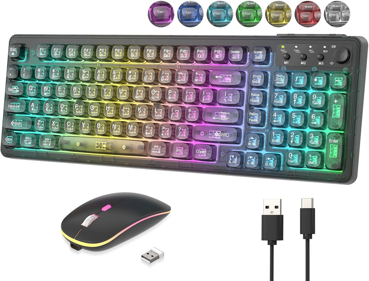 Wireless Keyboard and Mouse Combo Rechargeable, Light Up Transparent Backlit Keyboard with 15 LED Lighting Effects, Volume Knob, RGB Mouse, 2.4GHz Wireless for PC Laptop Desktop, Black