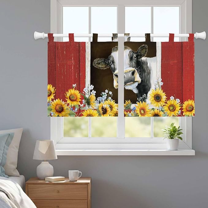 Cows Sunflowers Kitchen Curtains 24 Inch Length, Small Window Curtains Tab Top
