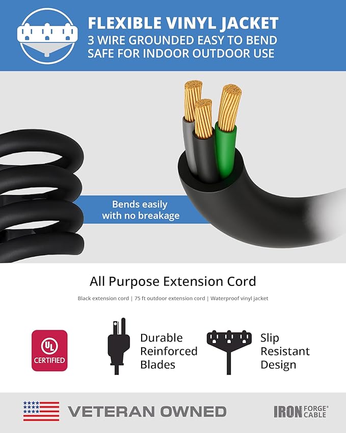 Iron Forge Cable 75 Ft Black Extension Cord with 3 Outlets - 16/3 SJTW 75 Foot Extension Cord 3 Prong, Weatherproof Exterior Power Cable for Outdoor