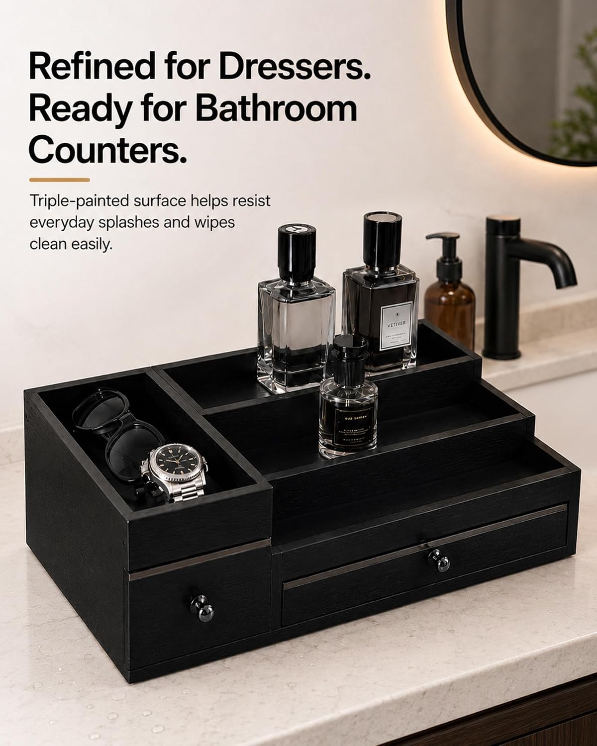 2-Drawer Cologne Organizer for Men, Fully Assembled, Solid Pine, Black/Gray