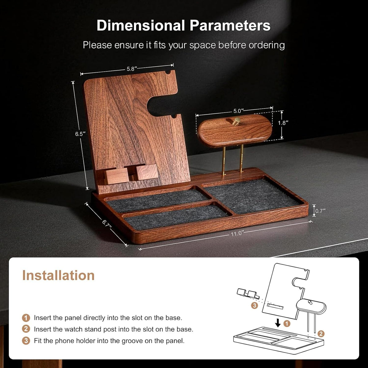 Wood Nightstand Organizer for Men, Gift for Dad Husband, EDC Tray