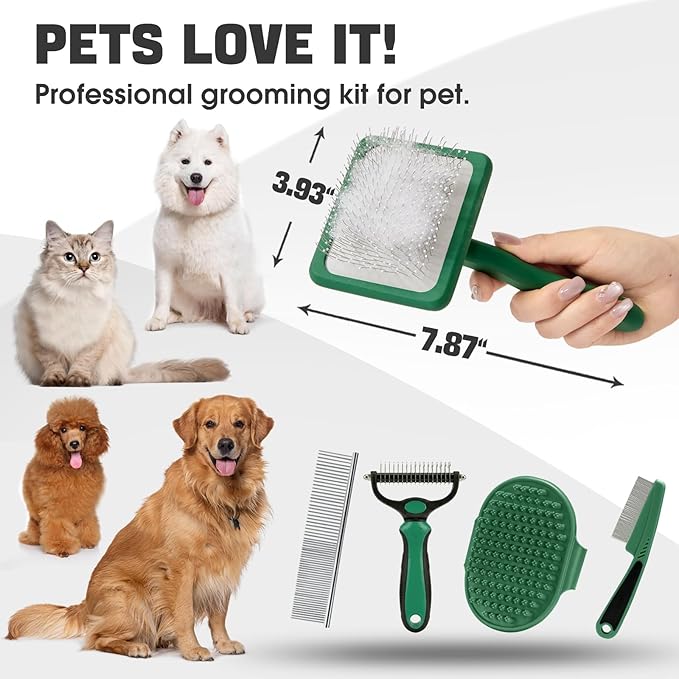 Dog Slicker Brush for Dogs Grooming Kit 4PCS | Large Dog Brush for Goldendoodles Poodles Doodles | Long Pin Haired Brush | Poodle Brushes and Comb (Green)