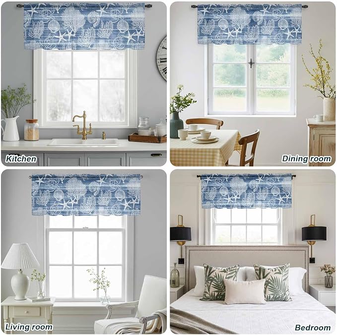 Navy Blue Retro Summer Sheer Valance Curtains, Sea Turtle Starfish Coral Ocean