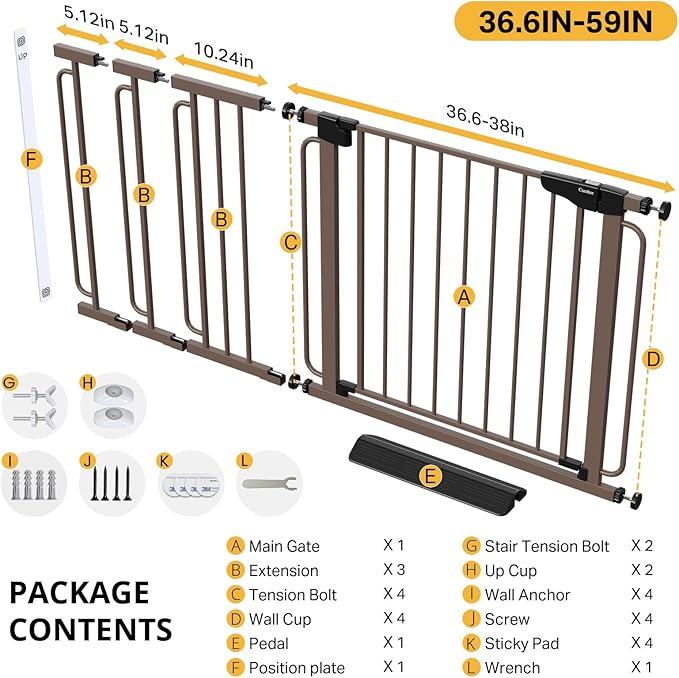 Cumbor 36.6-59" Extra Wide Baby Gate for Stairs, Pressure Mounted Dog Gate for Doorways, Auto-Close Easy Walk Through Safety Child Gate for Kids Toddler, Tall Pet Gates Indoor, Brown