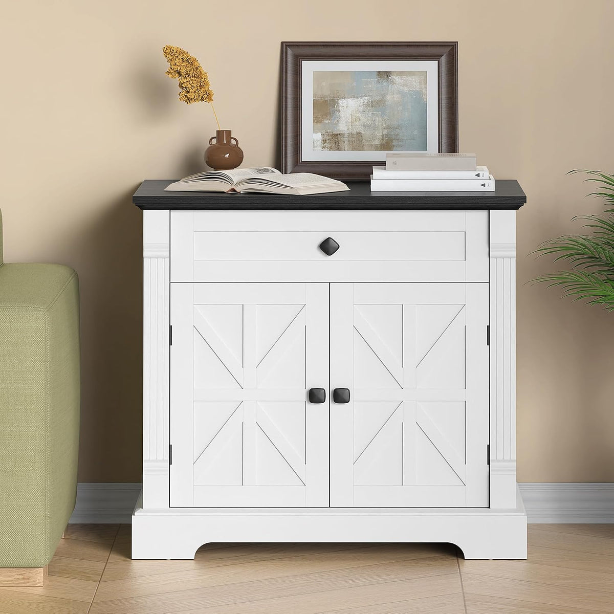Bigbiglife Farmhouse Printer Stand, 29.9" Wide, Black Top & White Finish