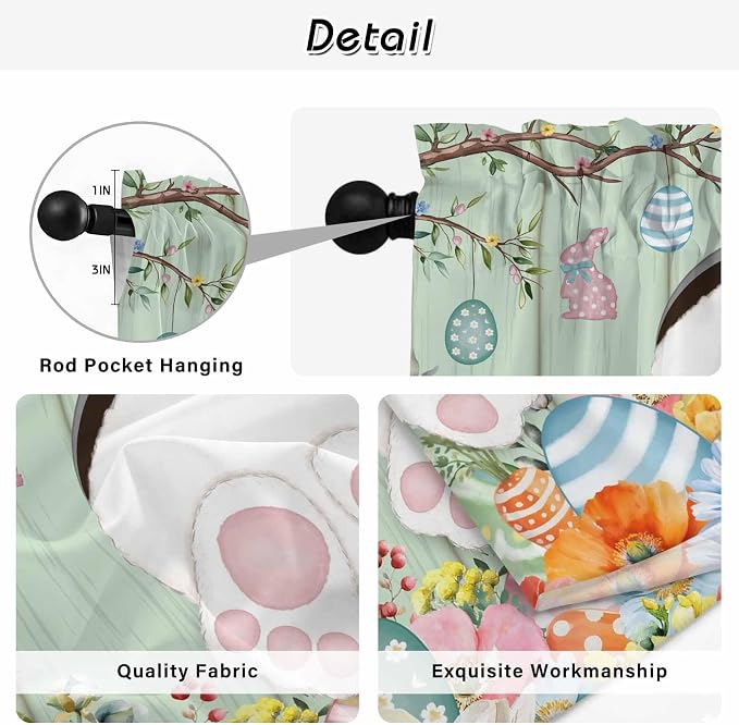 Easter Kitchen Tier Curtains 24 Inch Long 2 Panel Set, Rod Pocket Cafe Small