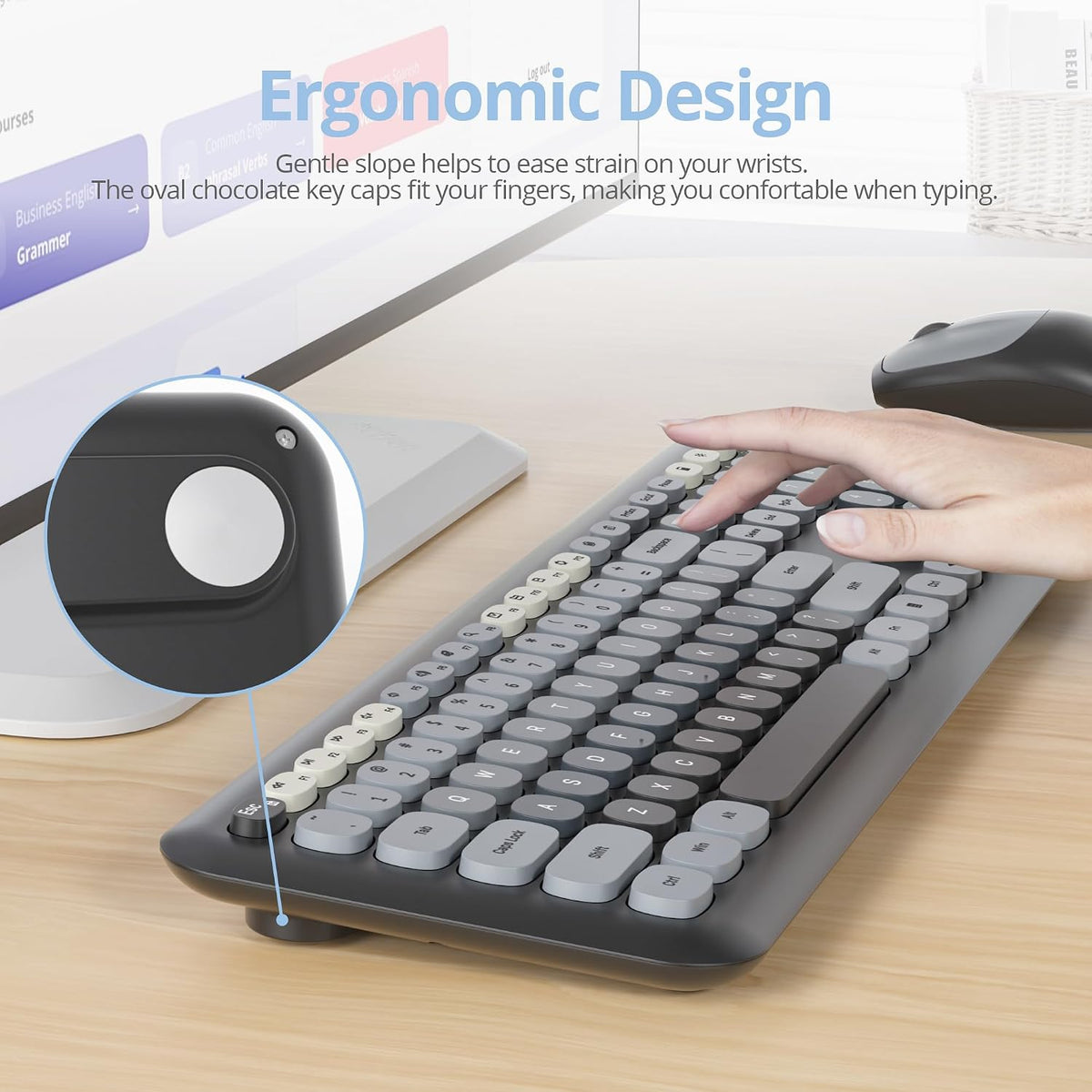 Wireless Typewriter Keyboard and Mouse Combo Retro 104 Key Full Size Office Set Black and Gray Keyboard with Silent Round Keycaps, Ideal for Laptop and Desktop PCs, Cute Design Keyboard