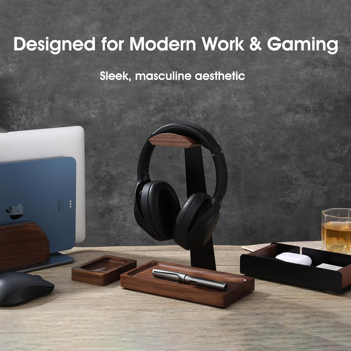 Walnut Vertical Laptop Stand, Dual Slot Wood Laptop Holder for Desk