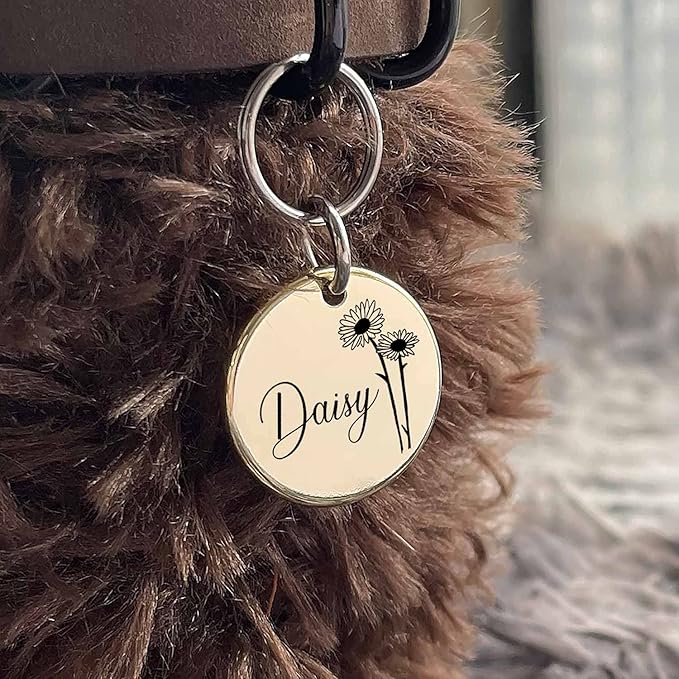 Cats Dogs ID Tags Personalized Engraving Birth Flowers Pattern for Custom Pets Collar Accessories Matt Stainless Steel Large Round Name Plate